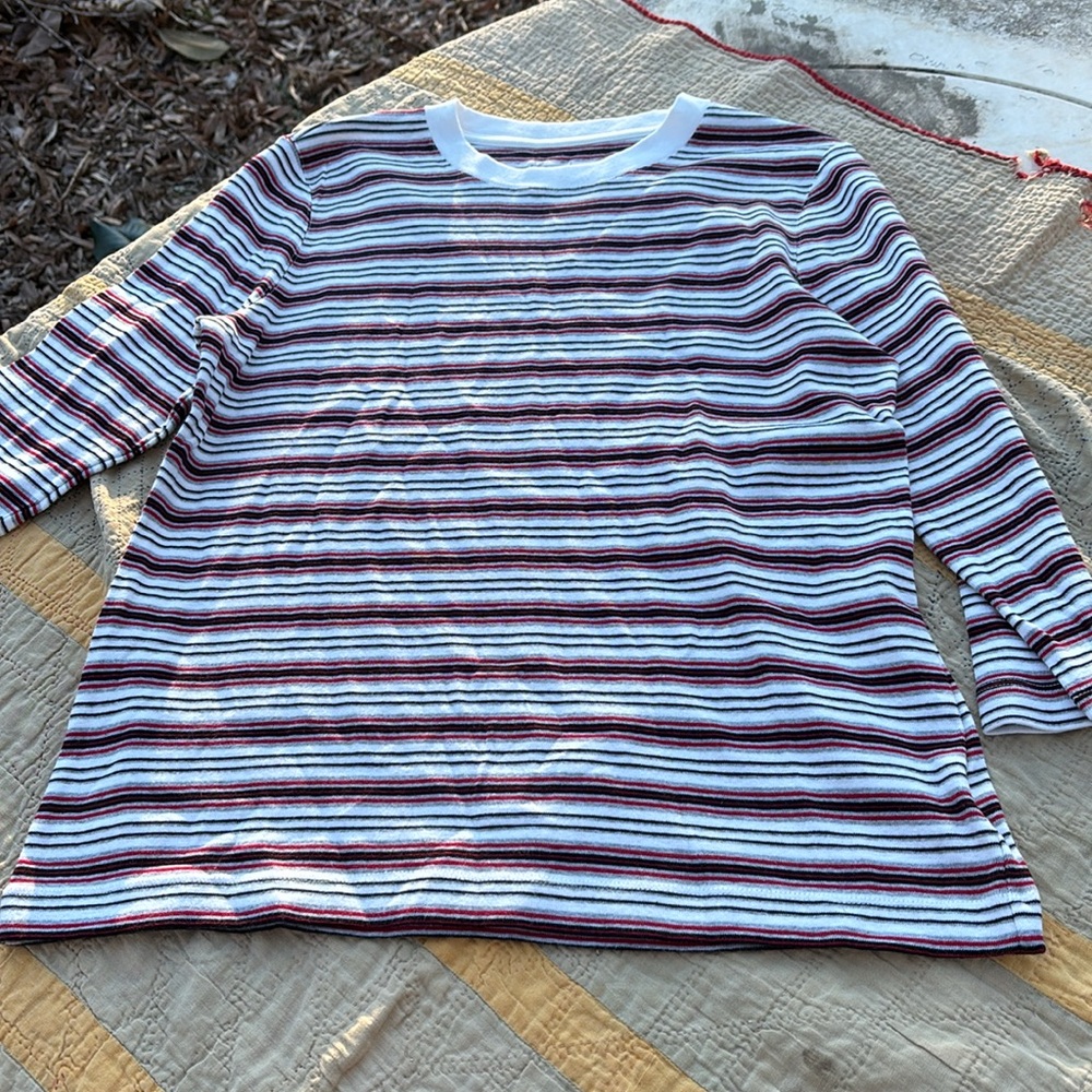 Kim Kim Rogers Striped 3/4 Sleeves Casual Shirt Tee Black, Gray, Red & White L